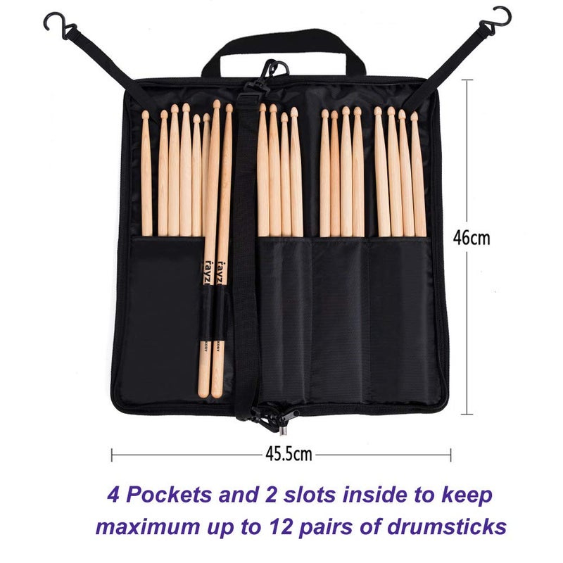 Rayzm Drum Stick Bag with an External Pocket, Standard Nylon Stick Bag with a Carry Handle and Floor Tom Hooks, Inside 4 Slots Holds up to 12 Pairs of Drumsticks,Water Resistant Nylon - Image 3